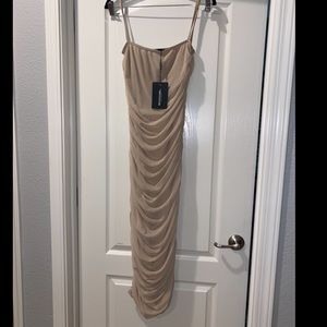 Nude strappy mesh ruched midi dress